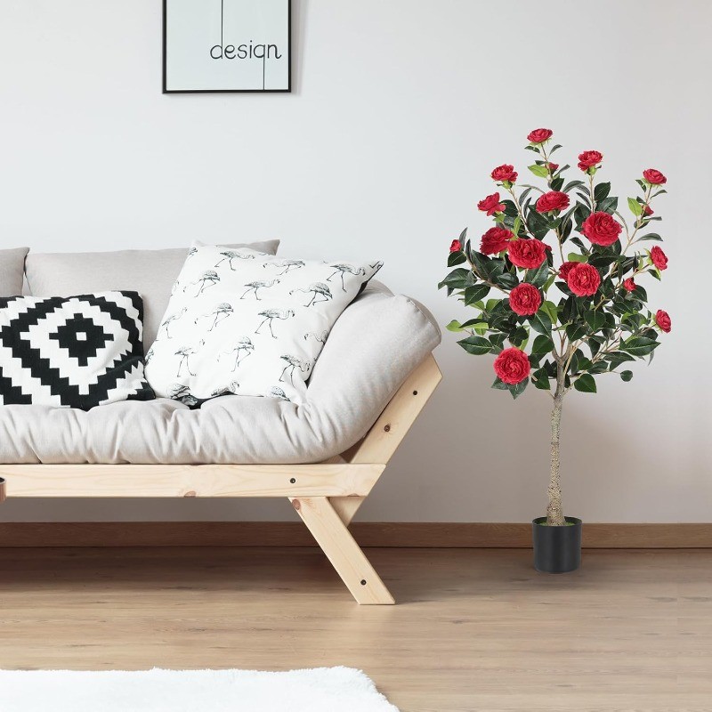 2PCS 4 FT Artificial Camellia Tree with Blooming Red Flowers for Indoor Outdoor
