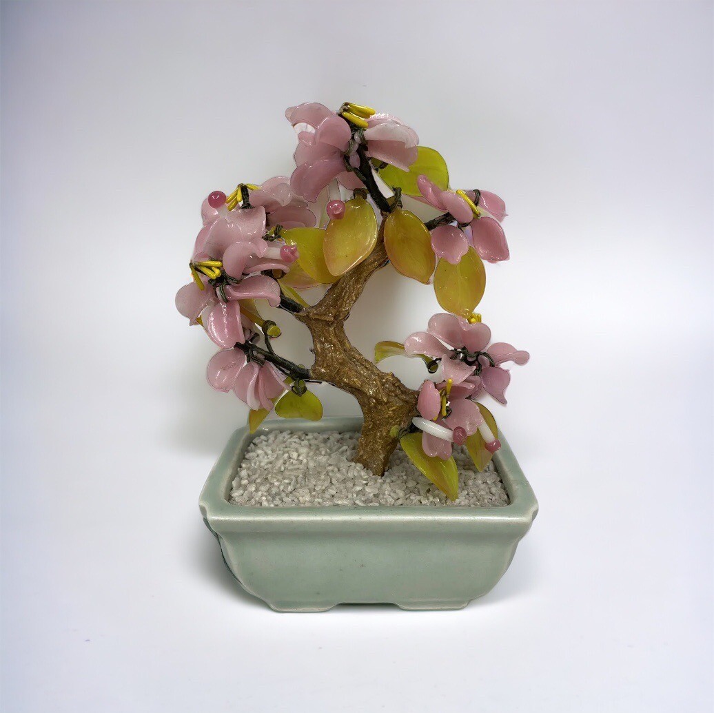 Glass Bonsai Tree Pink Flowers Artificial Plant Oriental Home Decor Vtg