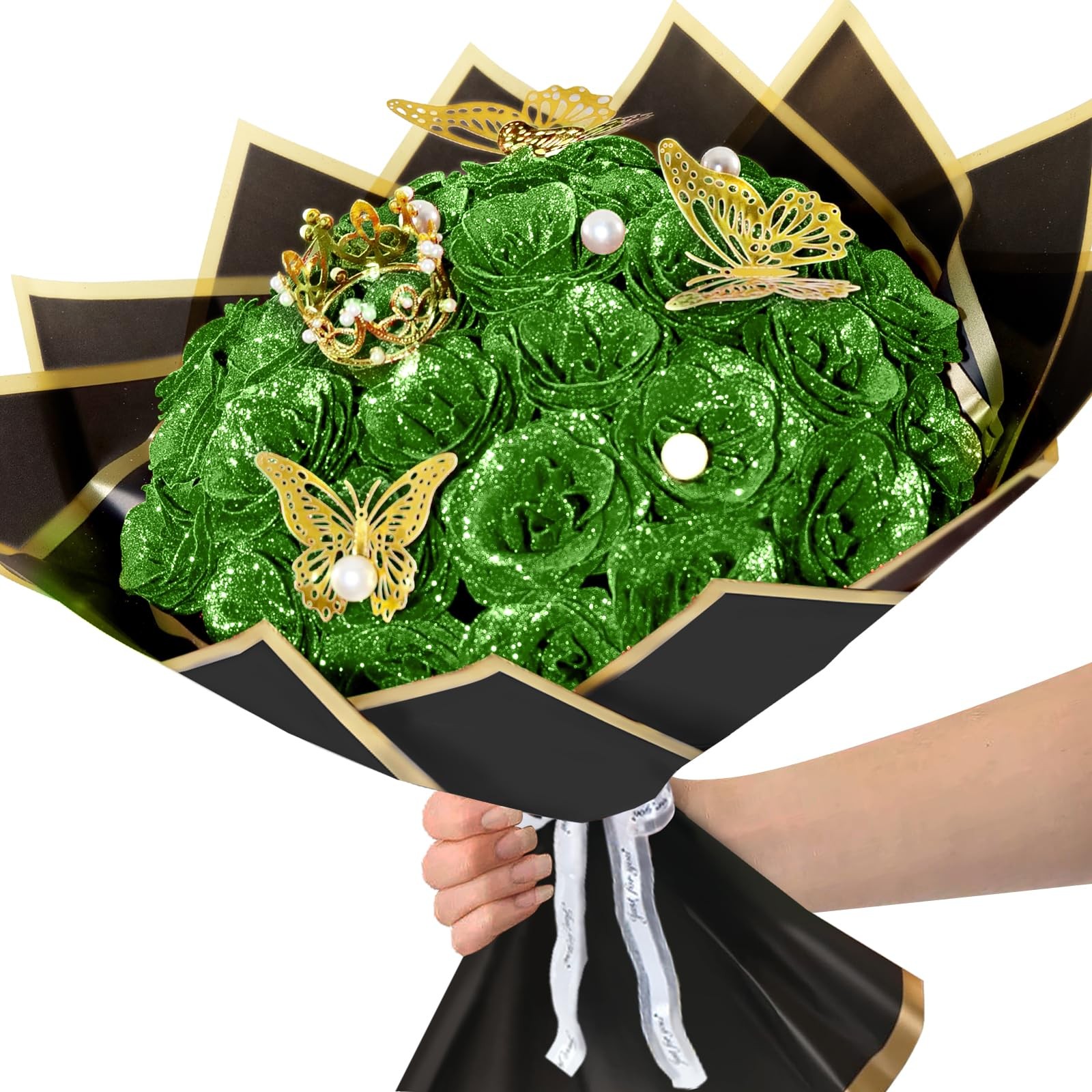 24 PCS Lime Green Shiny Glitter Roses Bouquet Everlasting Artificial Flowers