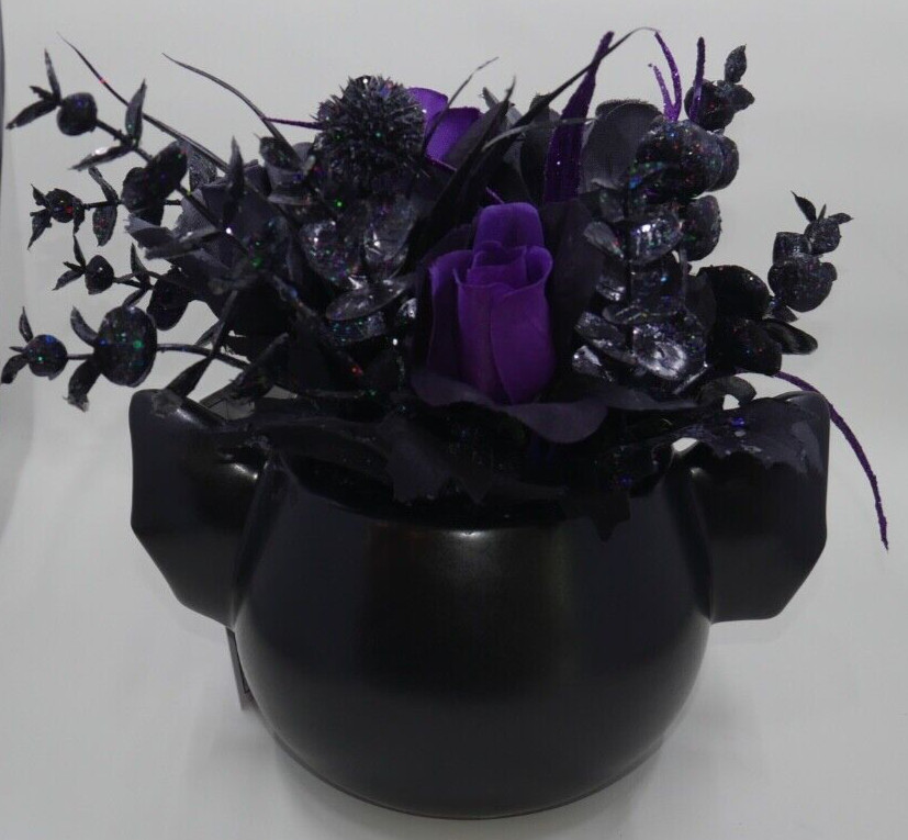 Martha Stewart Halloween Blk Purple Flower Floral Arrangement Bat Monster Vase