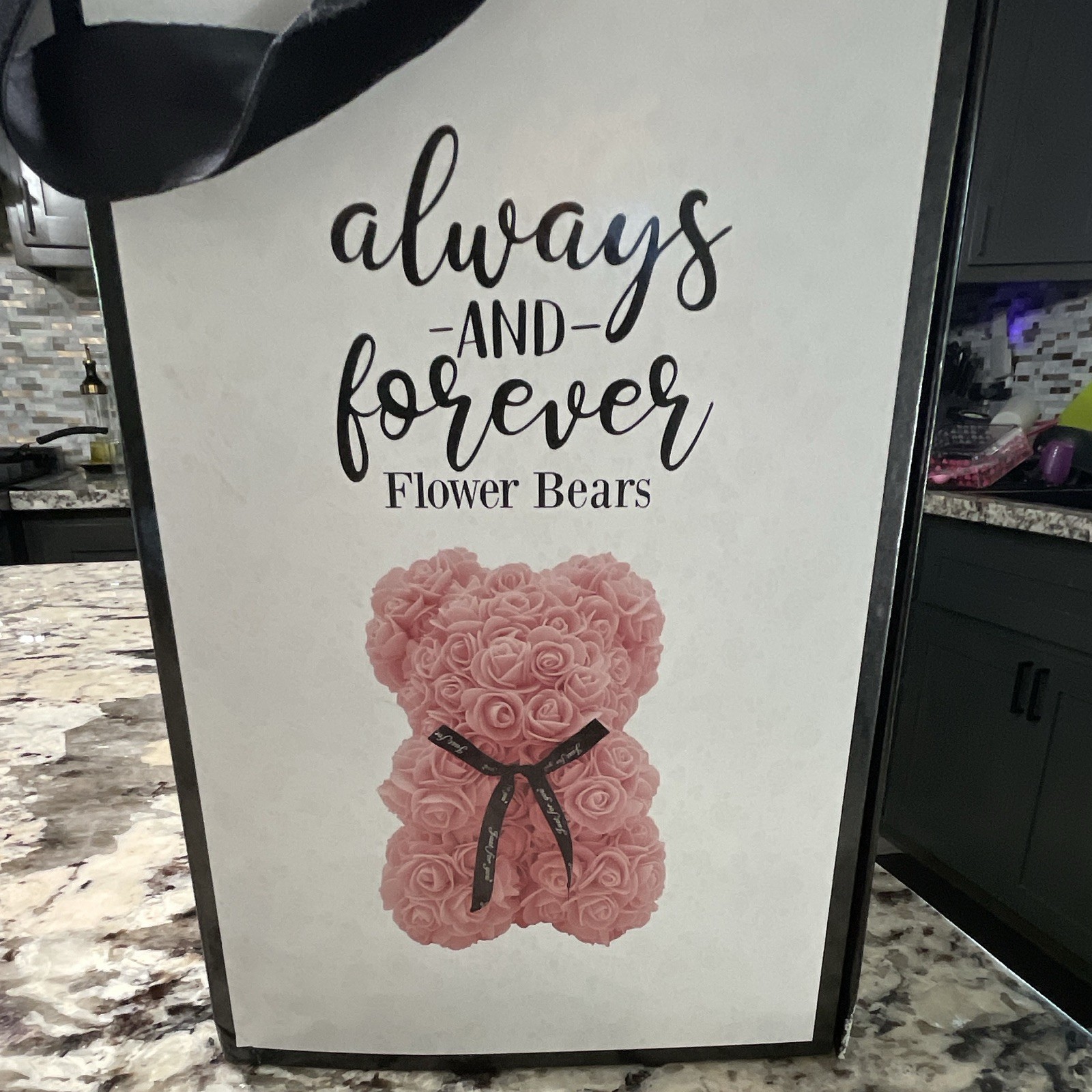 Always and Forever Pink Rose Flower Bear w/ Black Bow Gift Box Artificial Decor