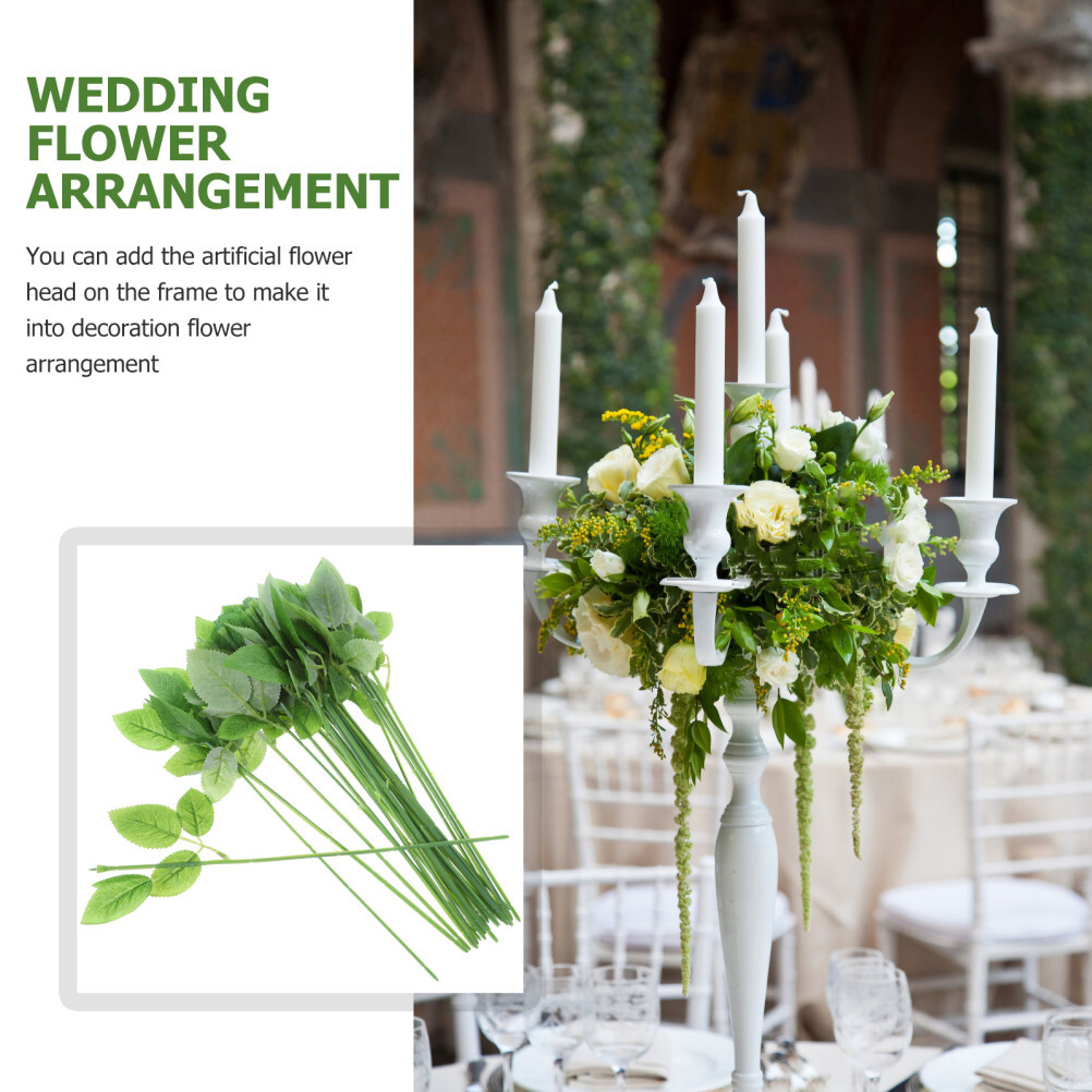 30 Pcs Rose Stem with Leaves Flower Branches Floral Bouquet Bride