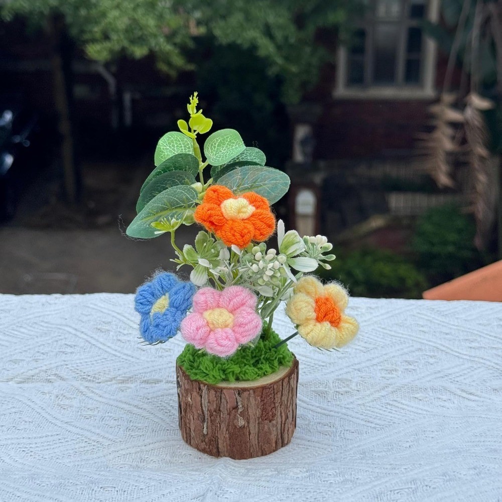 Handmade Crochet Knitted Puff Flowers Bouquet in Pot Mini Cute Home Desktop