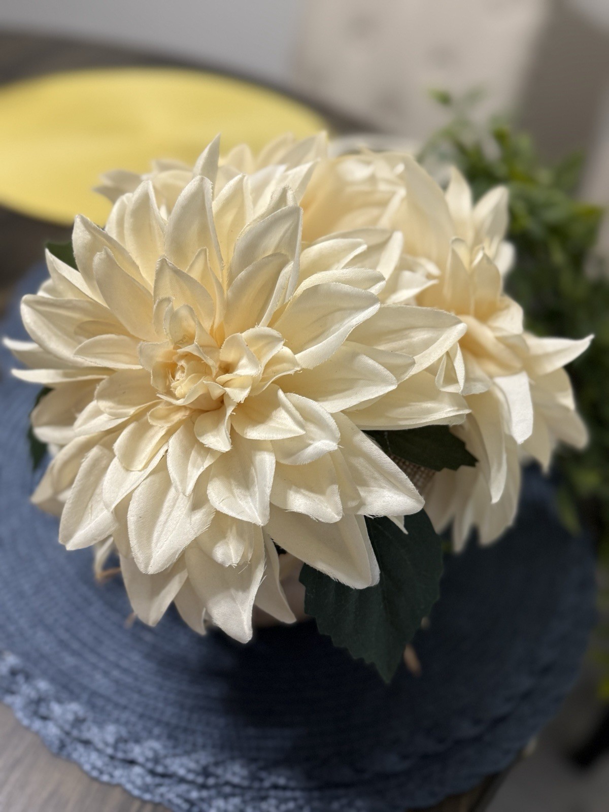 Cream Faux Dahlia Floral Arrangement Burlap Wrapped Vase Farmhouse Decor