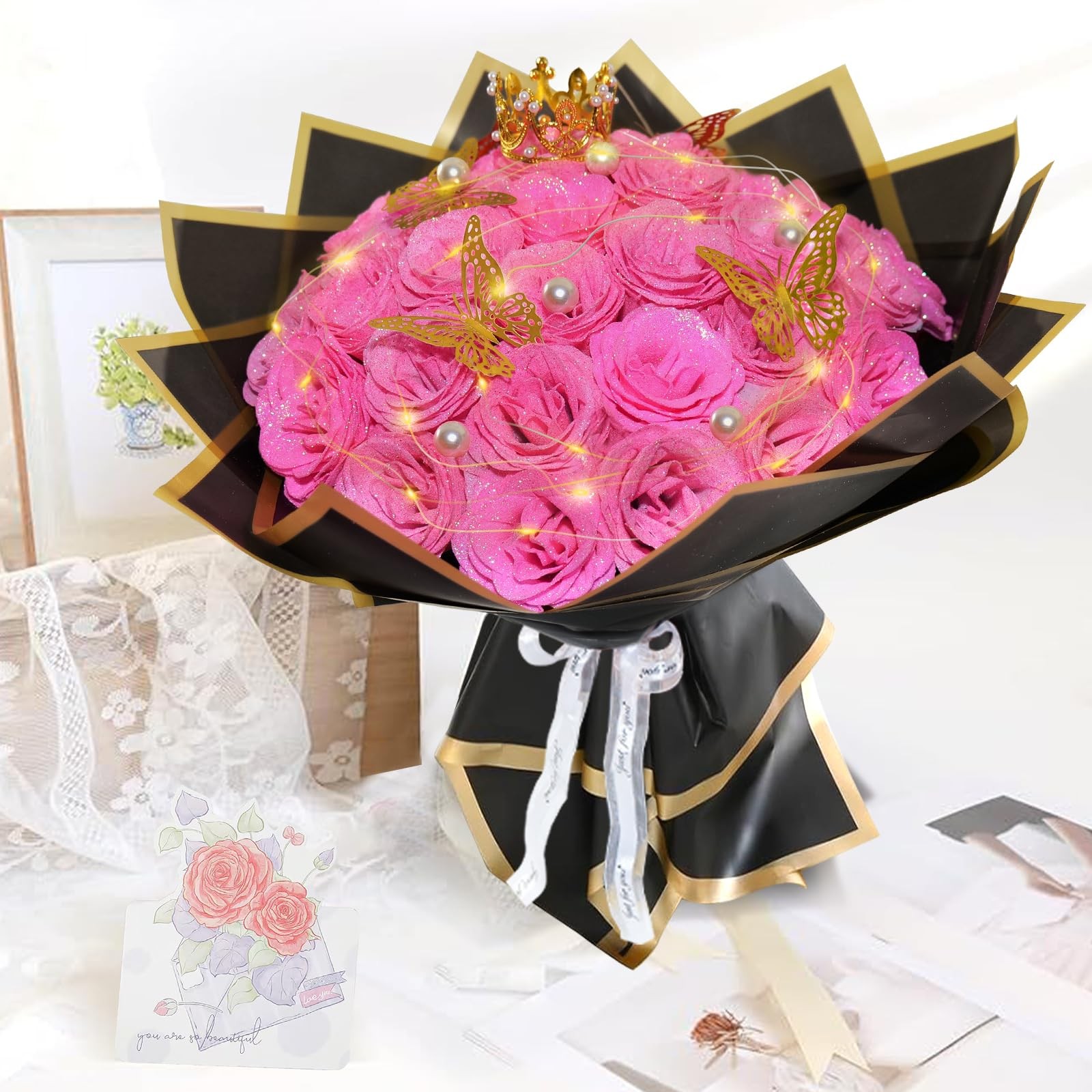 24 PCS Pink Glitter Roses Bouquet Shiny Artificial Flowers Anniversary DIY