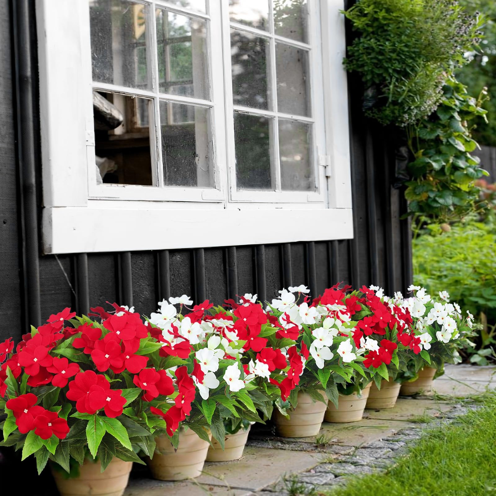 Artificial Outdoor Impatiens Flowers UV Resistant Faux Red Bushes 4PCS