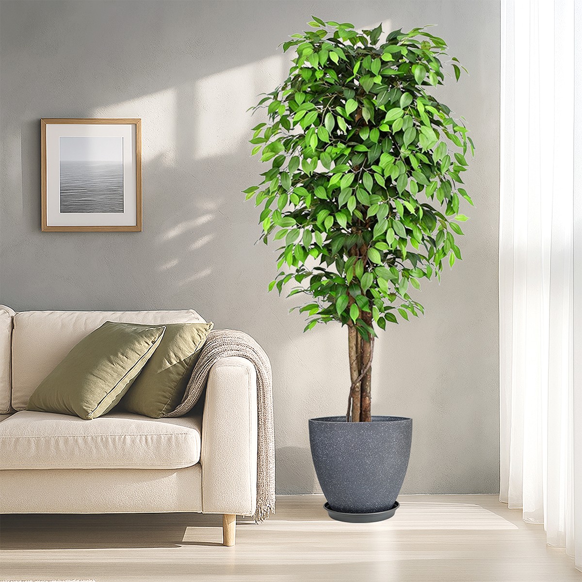 Artificial Ficus Tree with Plant Pot, Silk Fake Ficus Tree in Plastic