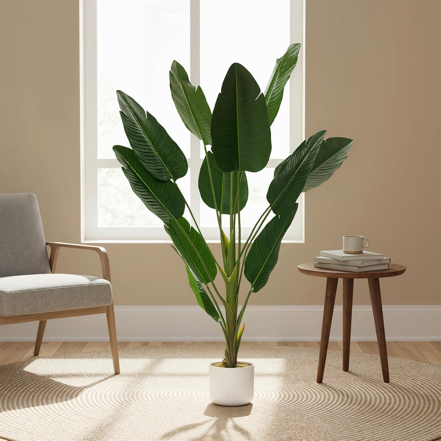 4FT Artificial Palm Tree with Large Fan-Shaped Leaves in White Pot for Indoor