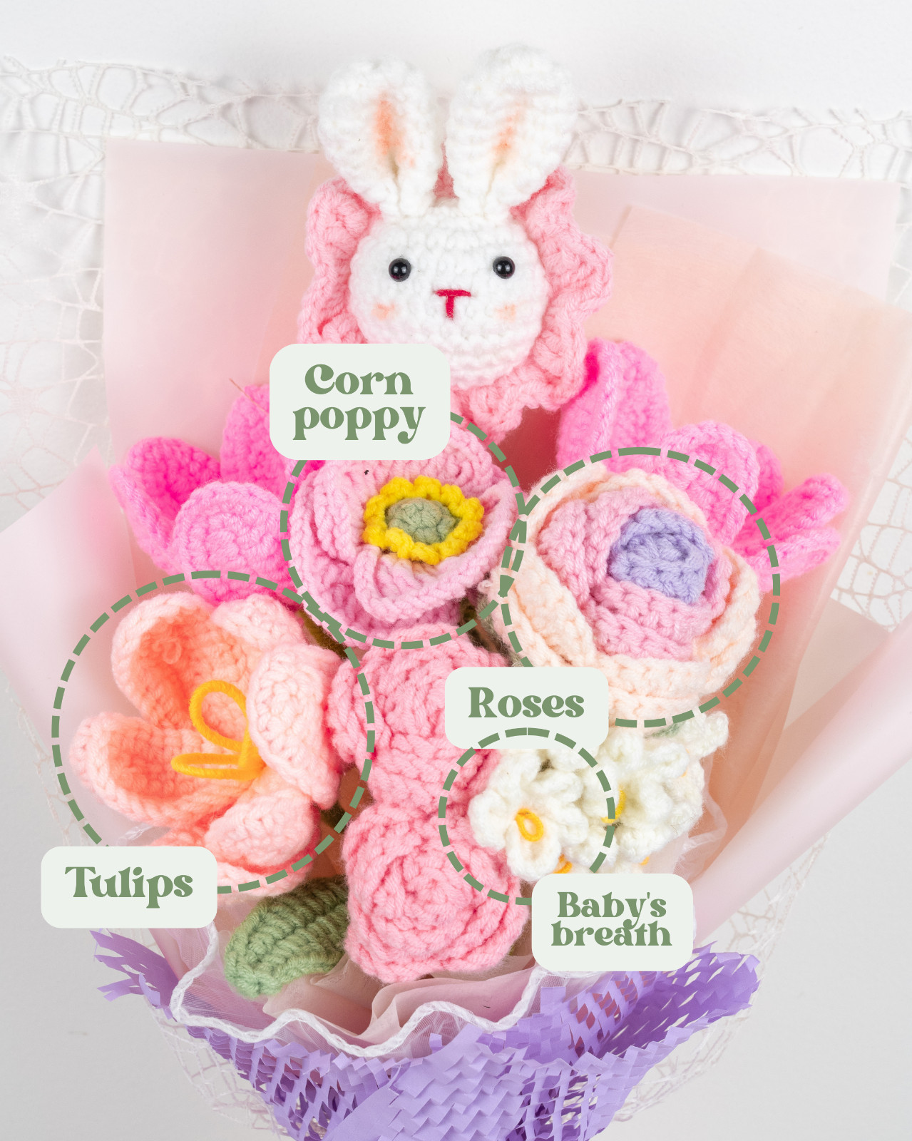 Cute Crochet Bunny Flower Bouquet / Graduation Birthday Baby Shower Gift