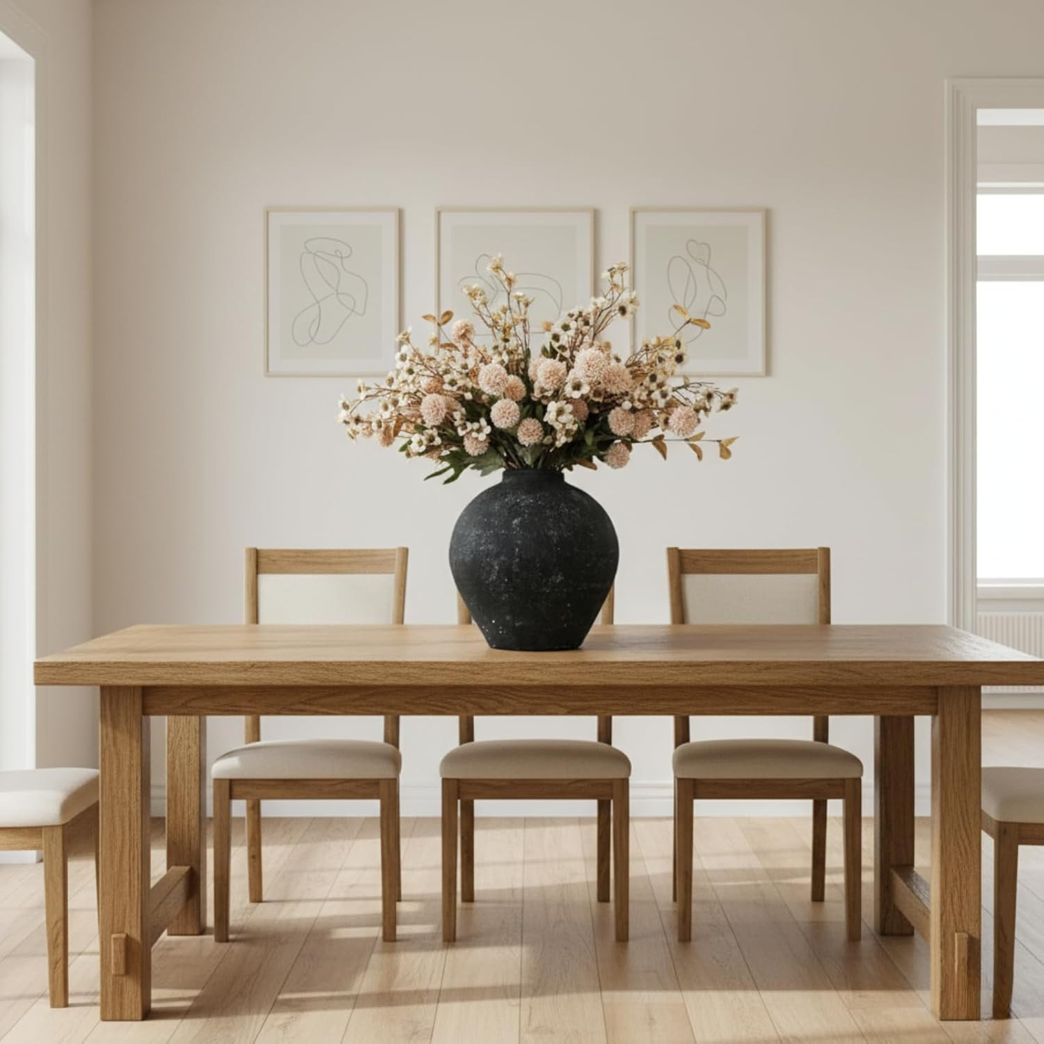 Beige Faux Silk Flowers in Rustic Black Vase for Modern Farmhouse Decor