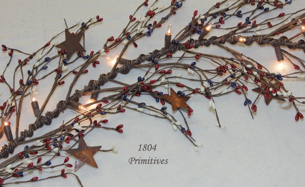 40″ LIGHTED Pip Berry AMERICANA Garland w/2″ Rusty Stars RED NAVY IVORY