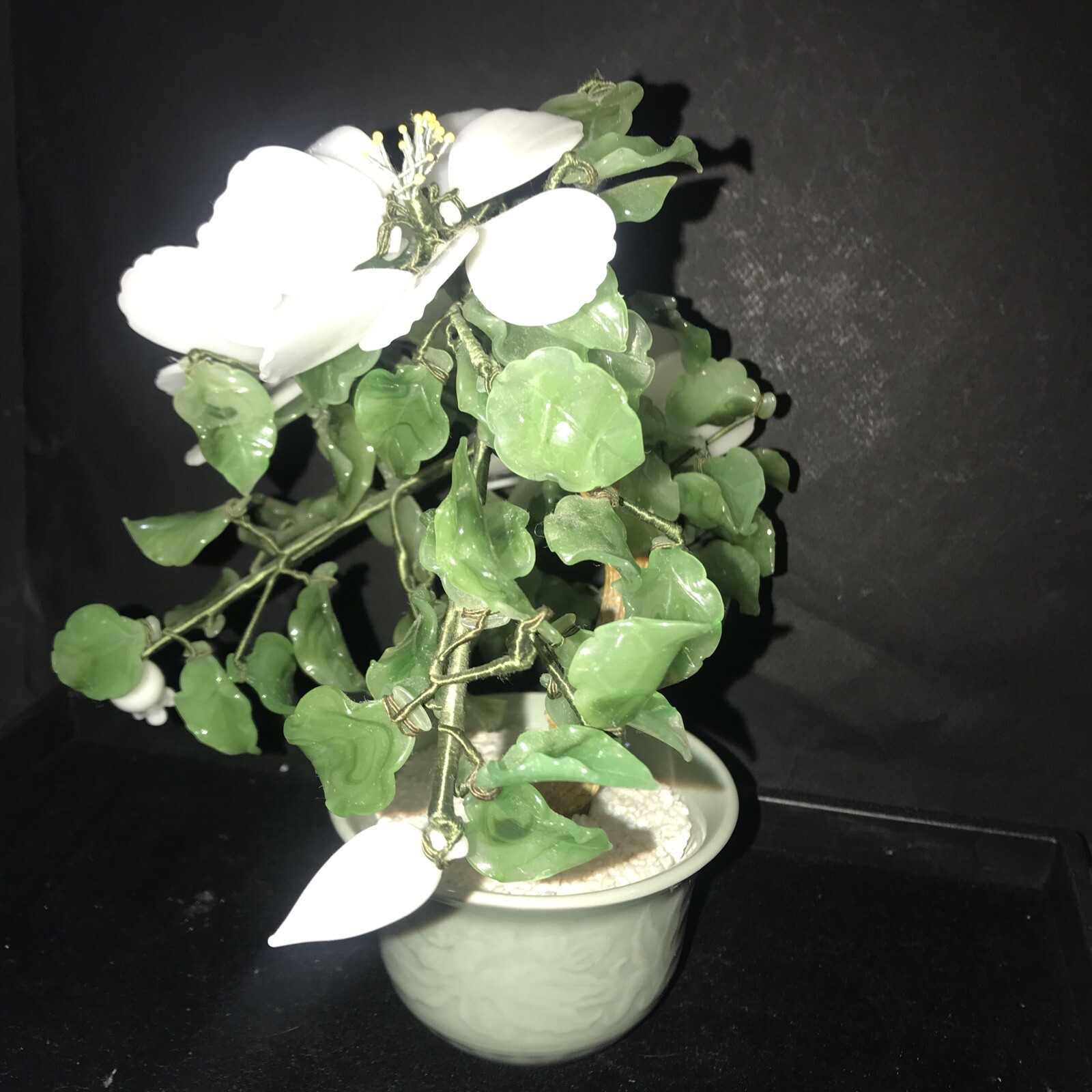 Vtg Chinese Jade & Glass Bonsai Tree Large White Peony Flowers Celadon Pot MCM
