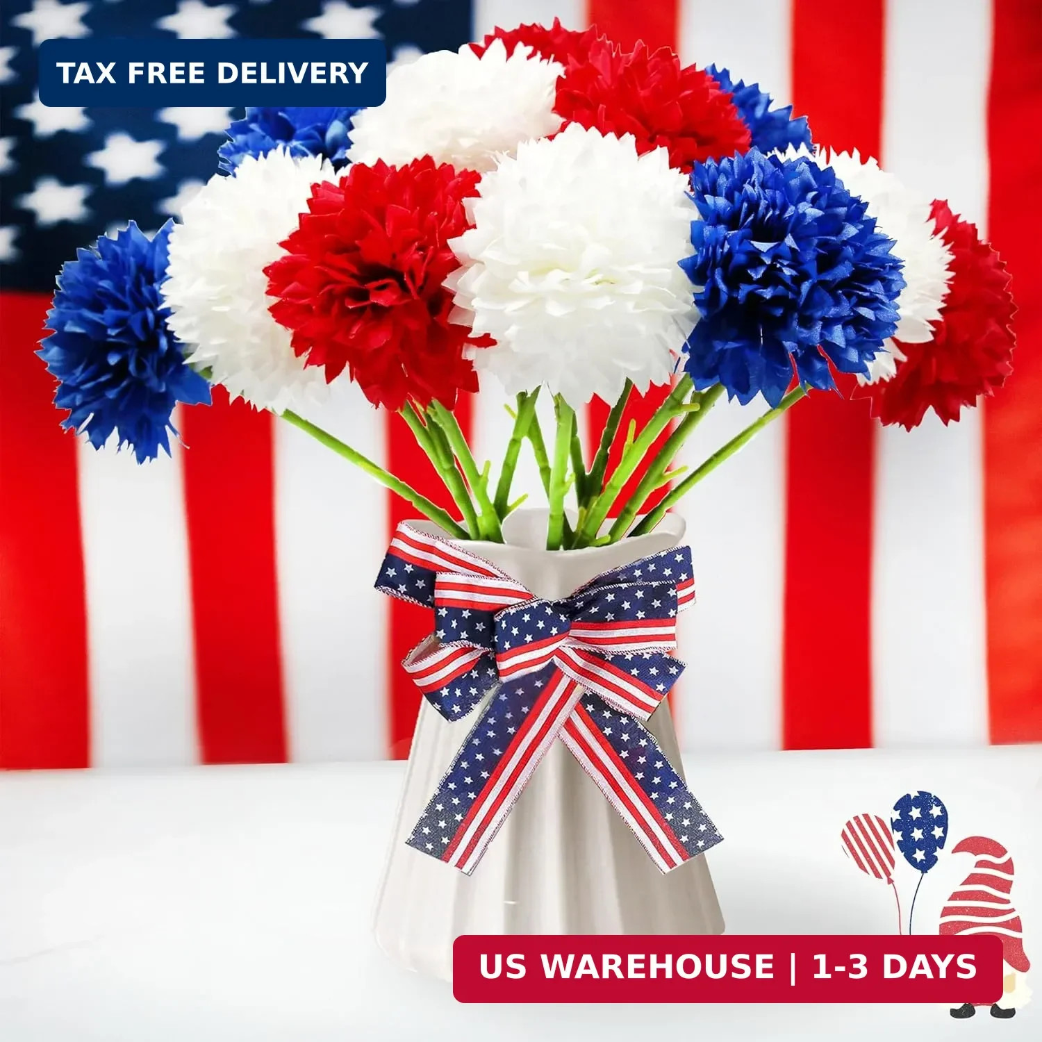 Tinsow 12 pcs Artificial Flower Patriotic Memorial Bouquet Red White and Blue Fa