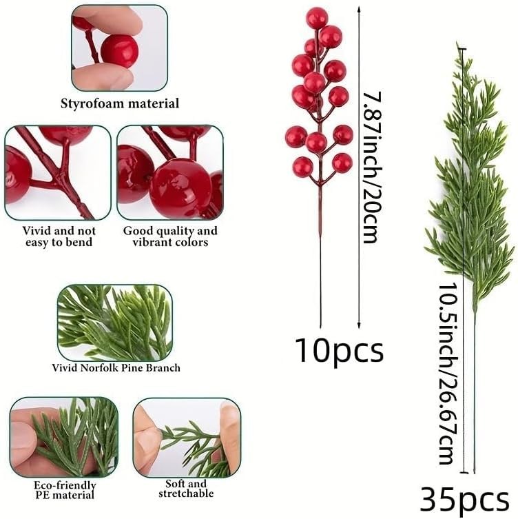 Christmas Artificial Pine Branches with Red Berry Stems 10″ Home Decorations
