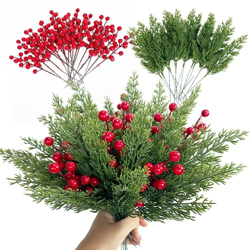 Christmas Artificial Pine Branches with Red Berry Stems 10″ Home Decorations