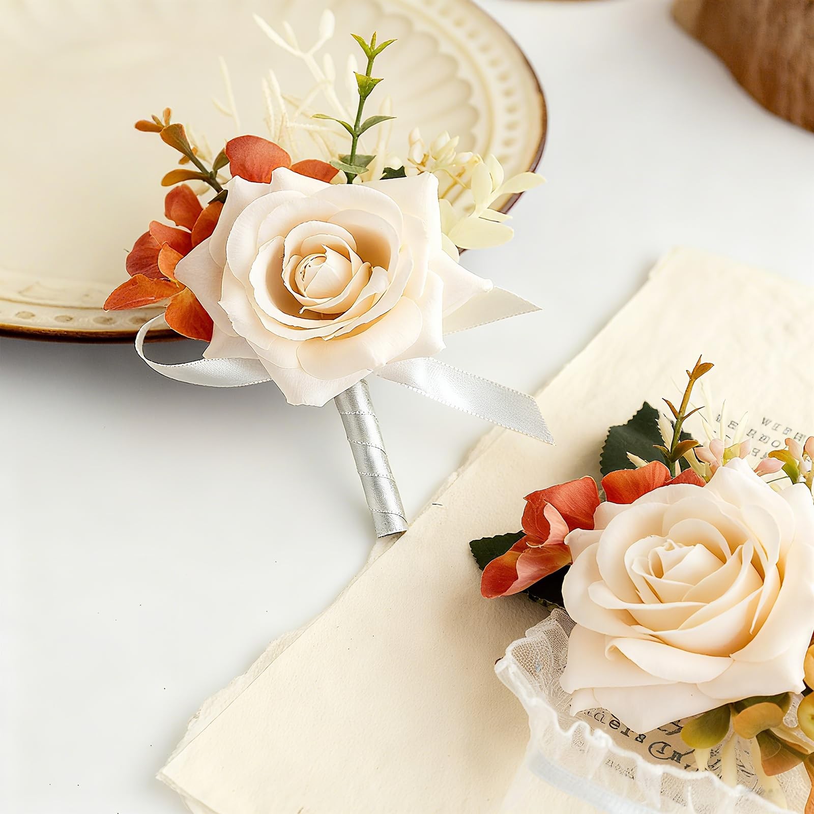 Champagne Corsage and Boutonniere Set, 2pcs Boutonniere and Wrist