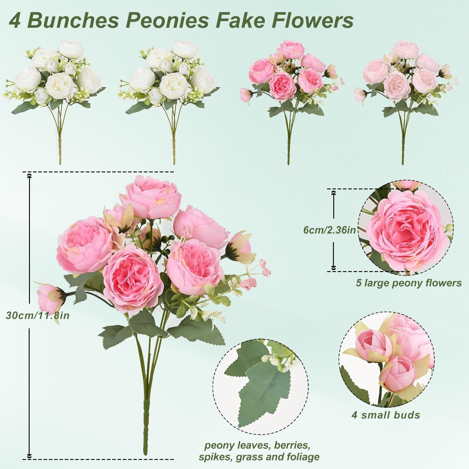 4 Bundles Peonies Artificial Silk Flowers, Pink White Fake Peony Flowers Bouq…