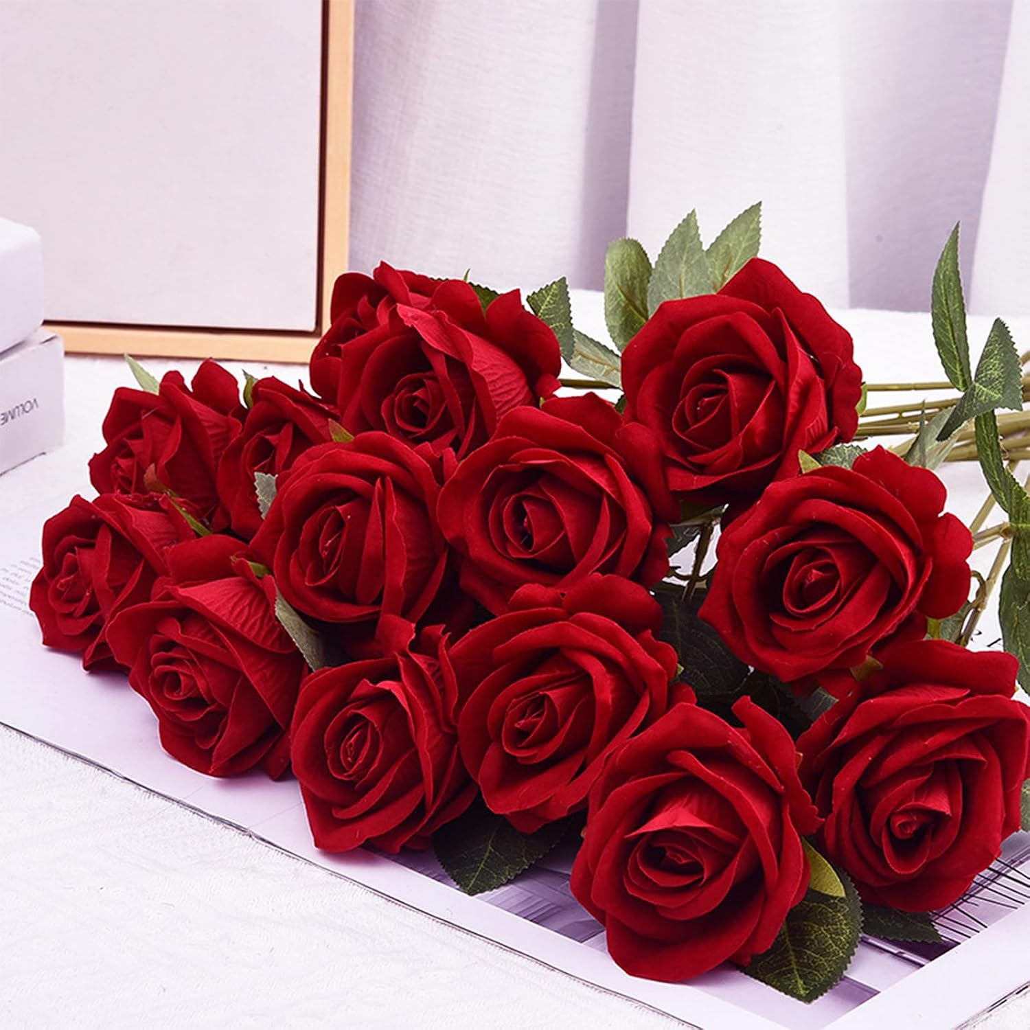 200 Pcs Red Roses Artificial Flowers, Real Touch Velvet Roses Bouquet Fake Flowe