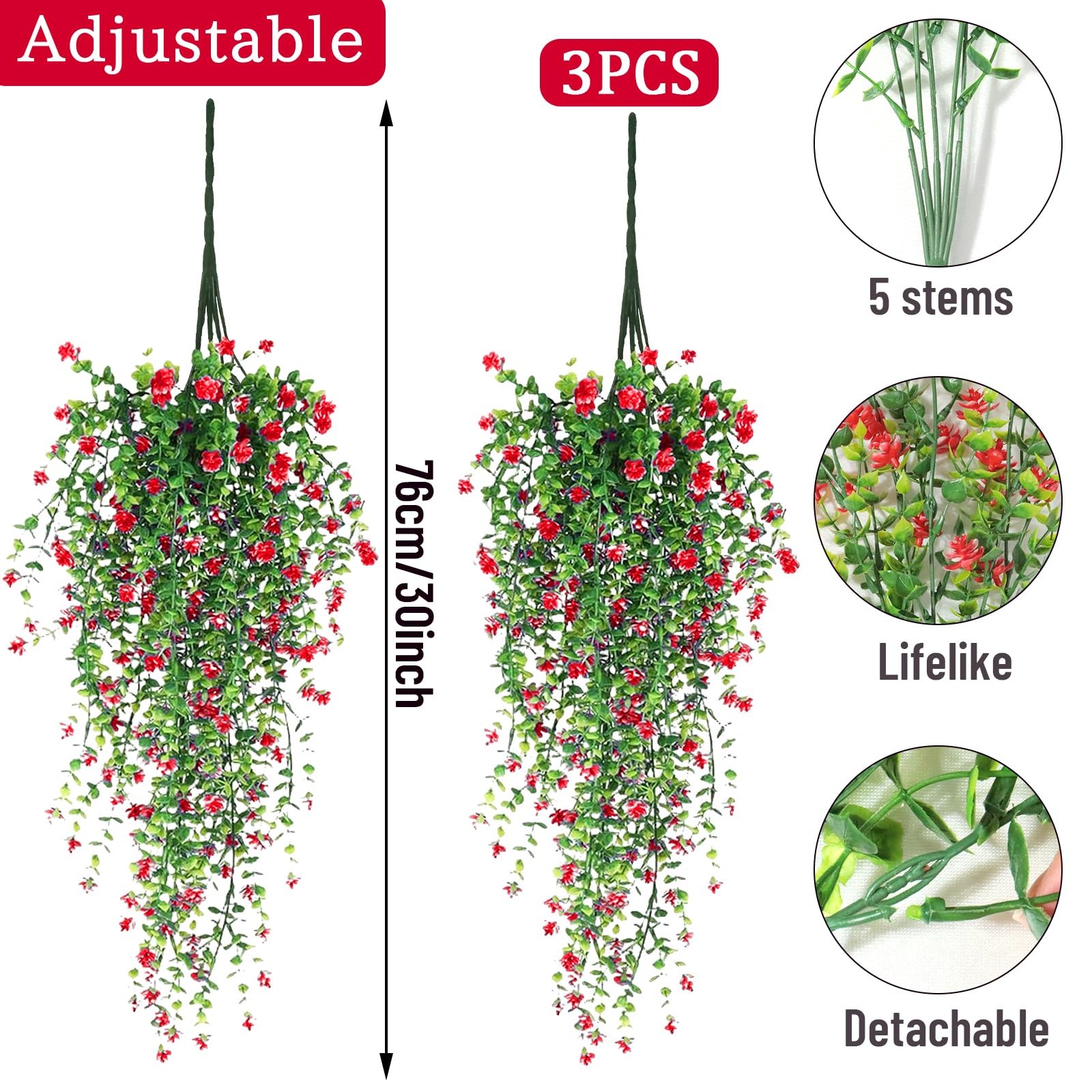 Artificial Hanging Flowers, 3 Pcs Fake Hanging Plants Artificial Vines for Outdo