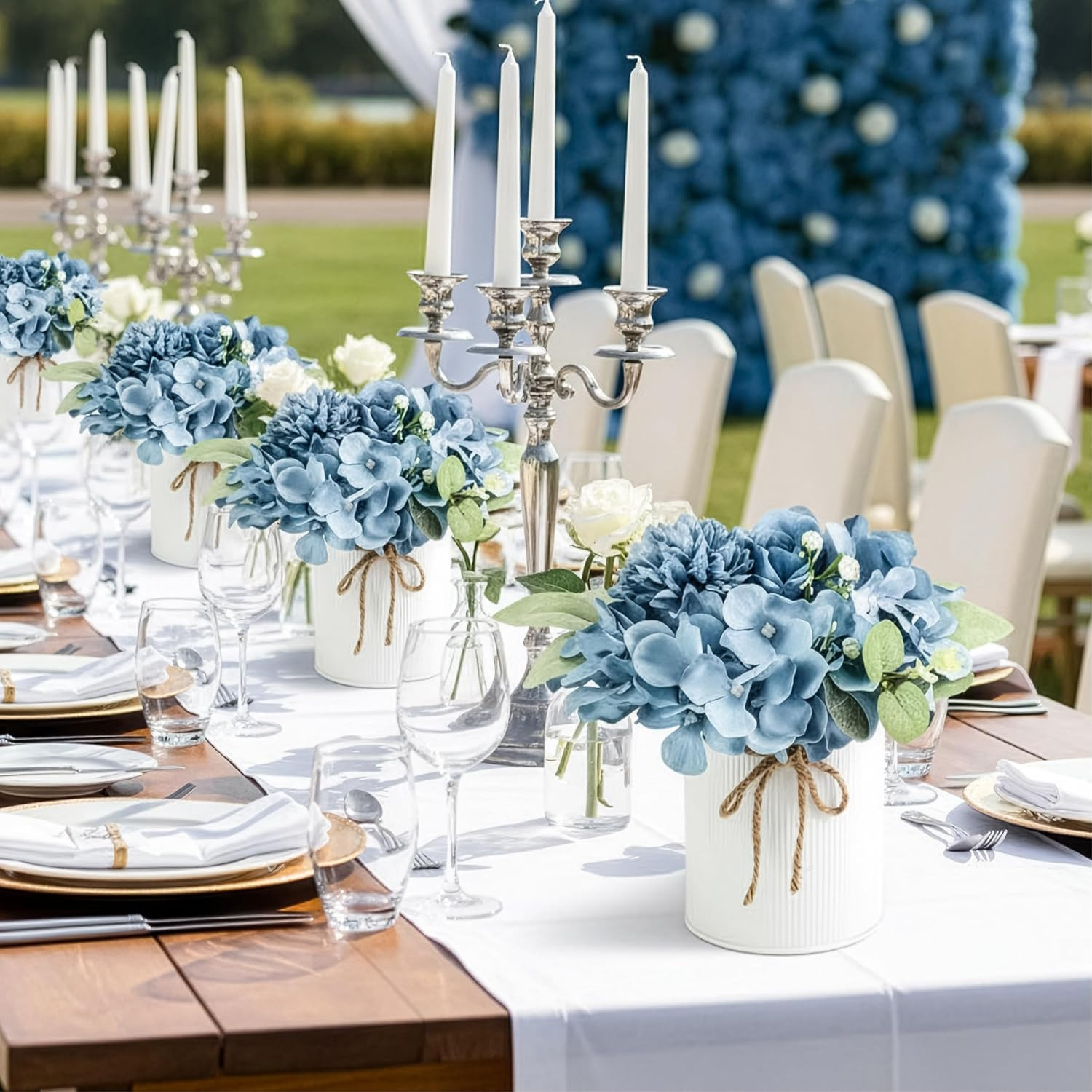 Dusty Blue Hydrangea Centerpieces – 10PCS Silk Flowers with Vase for Events
