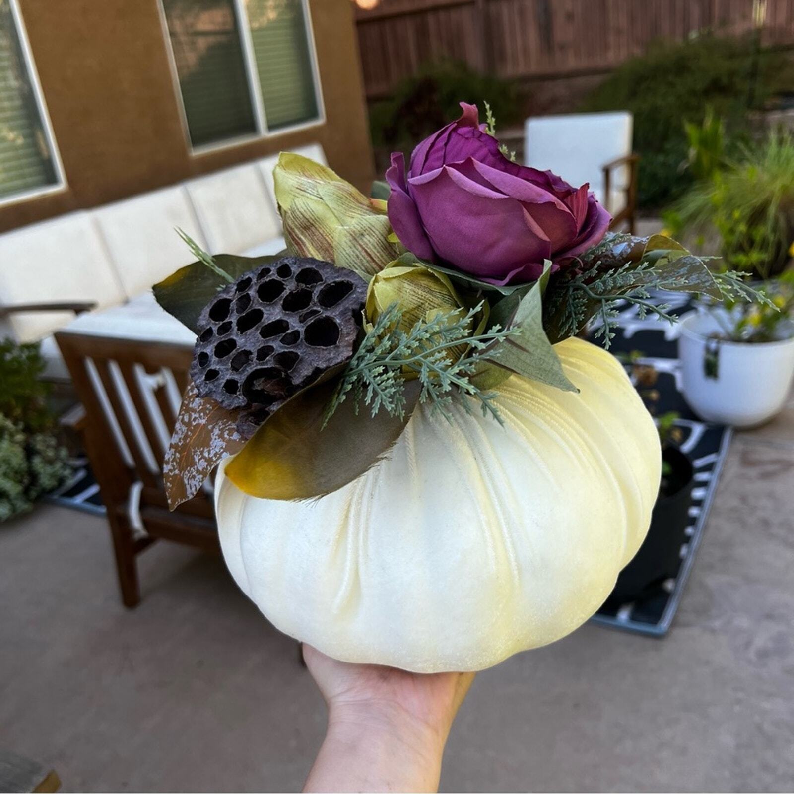 White Velvet Fabric Pumpkin With Faux Floral Arrangement Table Decor Handmade