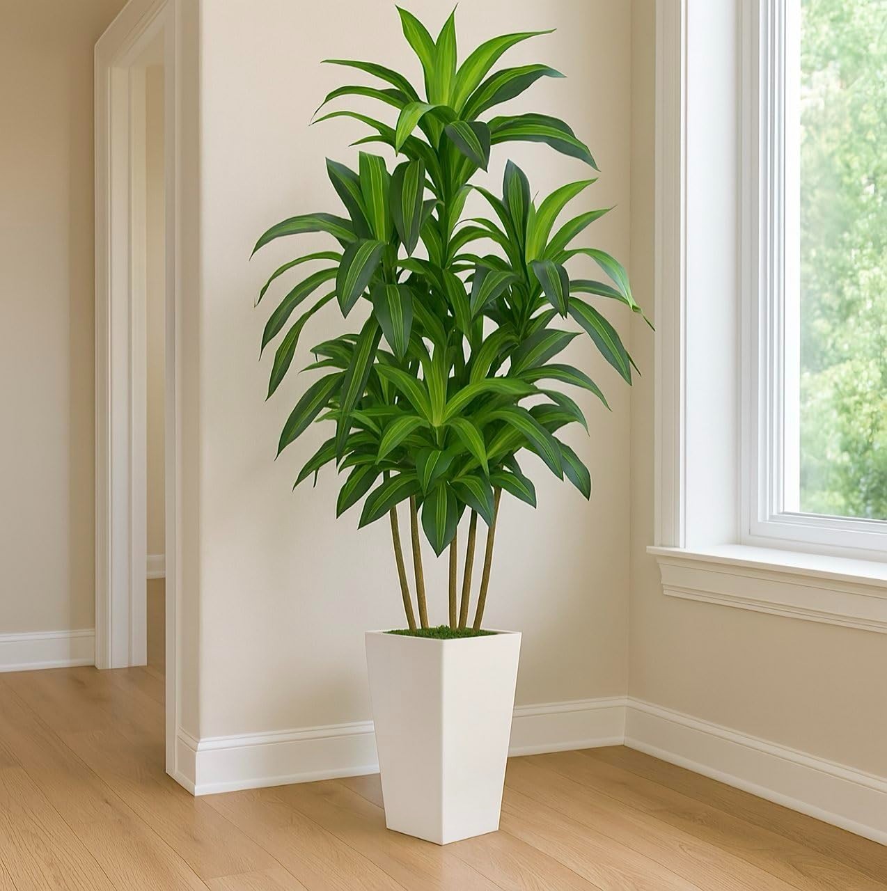 7FT Artificial Dracaena Tree – Indoor Fake Plant with White Tall Planter, Home O