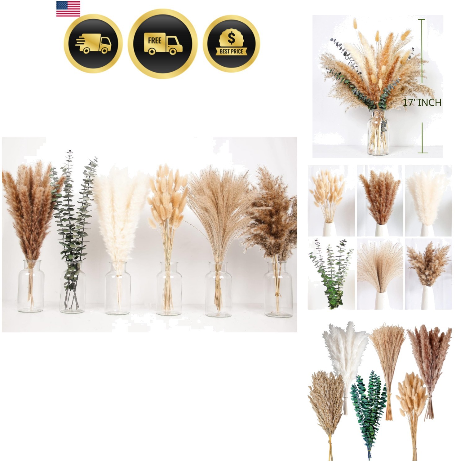 110 PCS of Boho Pampas Grass Decor, Naturally Dried Pompas, Bunny Tails Dried…