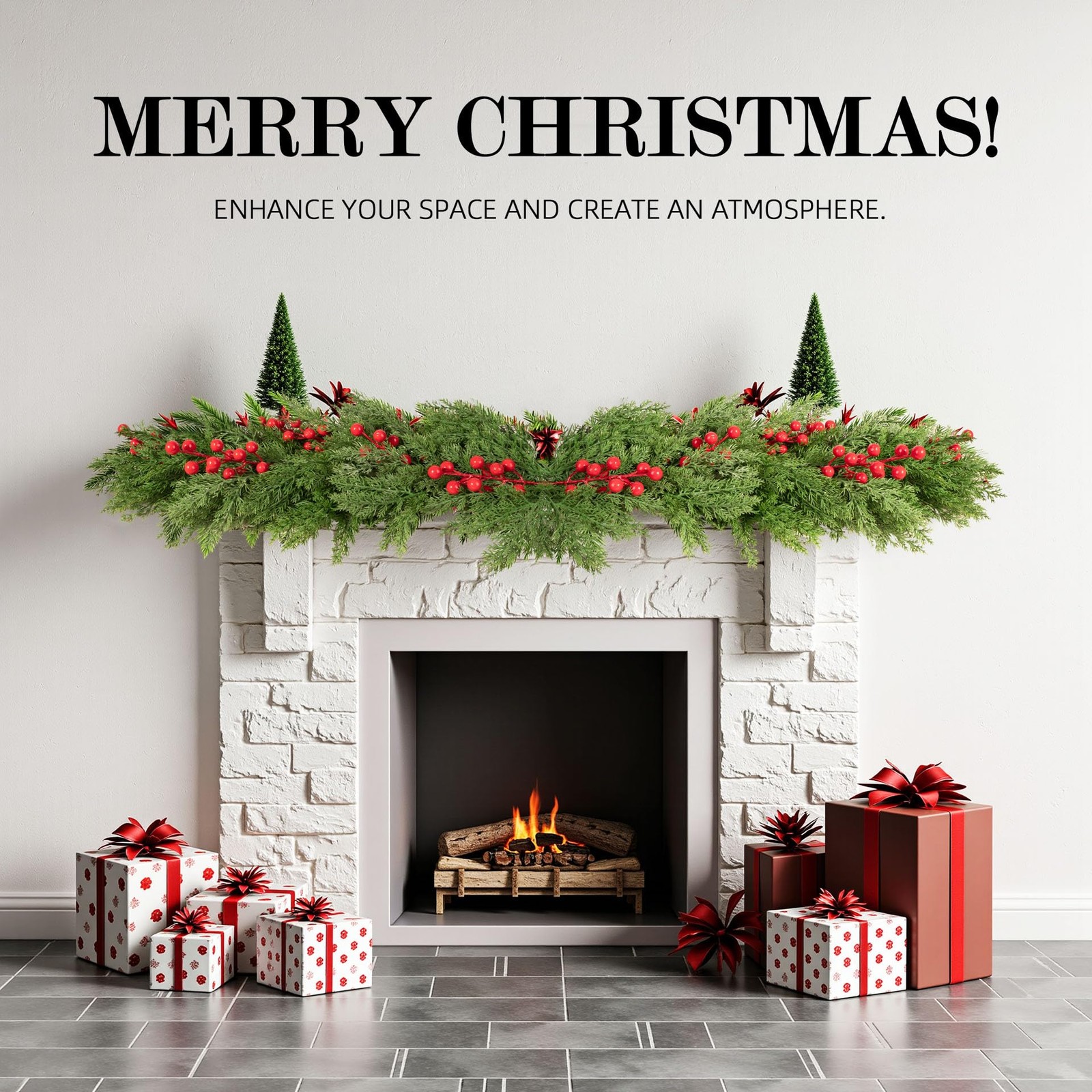 Artificial Christmas Norfolk Pine Stems with red Fruit 6PCS Fake Branches for…