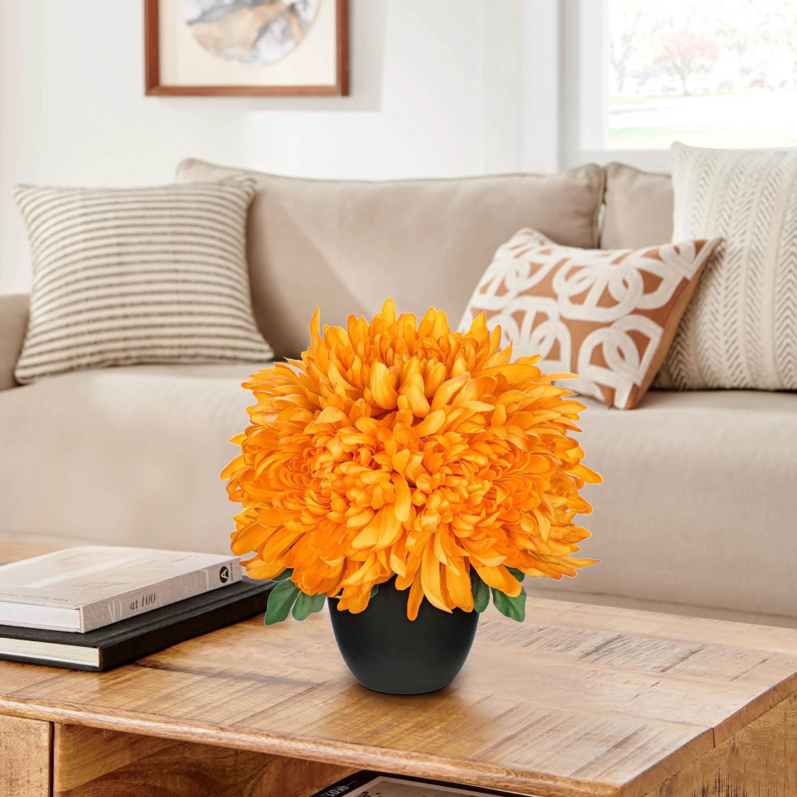 Fake Mums Flower in Black Pot Realistic Silk Chrysanthemums Artificial Flower…