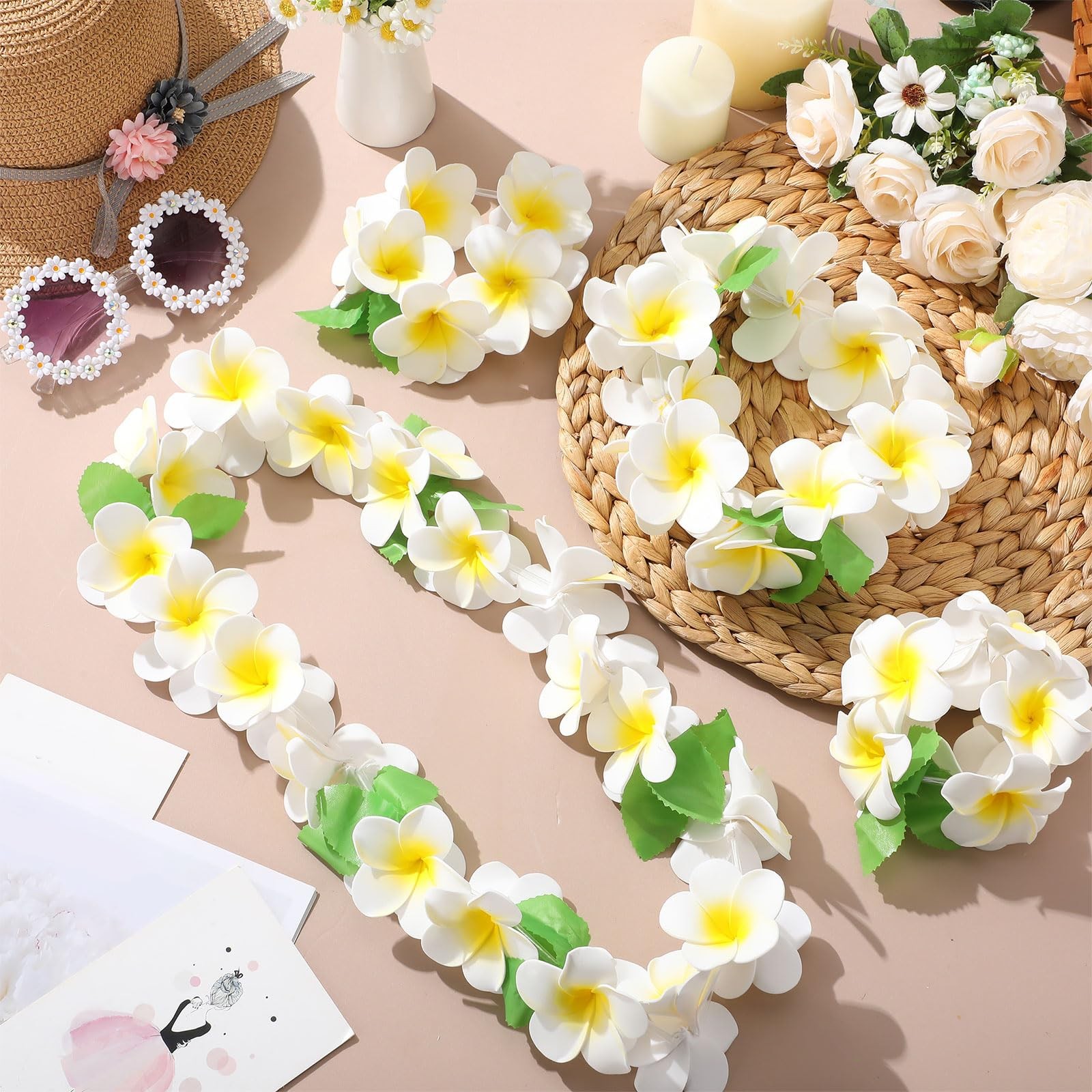 4 Pcs Hawaiian Graduation Lei Set, 3D Foam Plumeria Garland Necklace Bracelet…