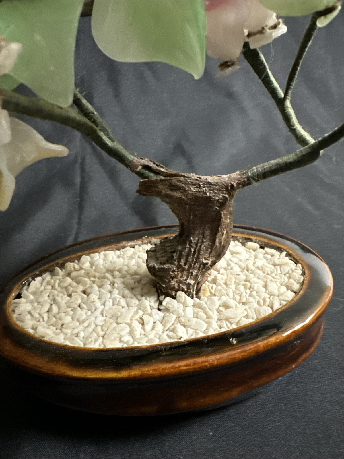 Vintage Chinese Jade Glass Bonsai Handcrafted Flower Tree 8”