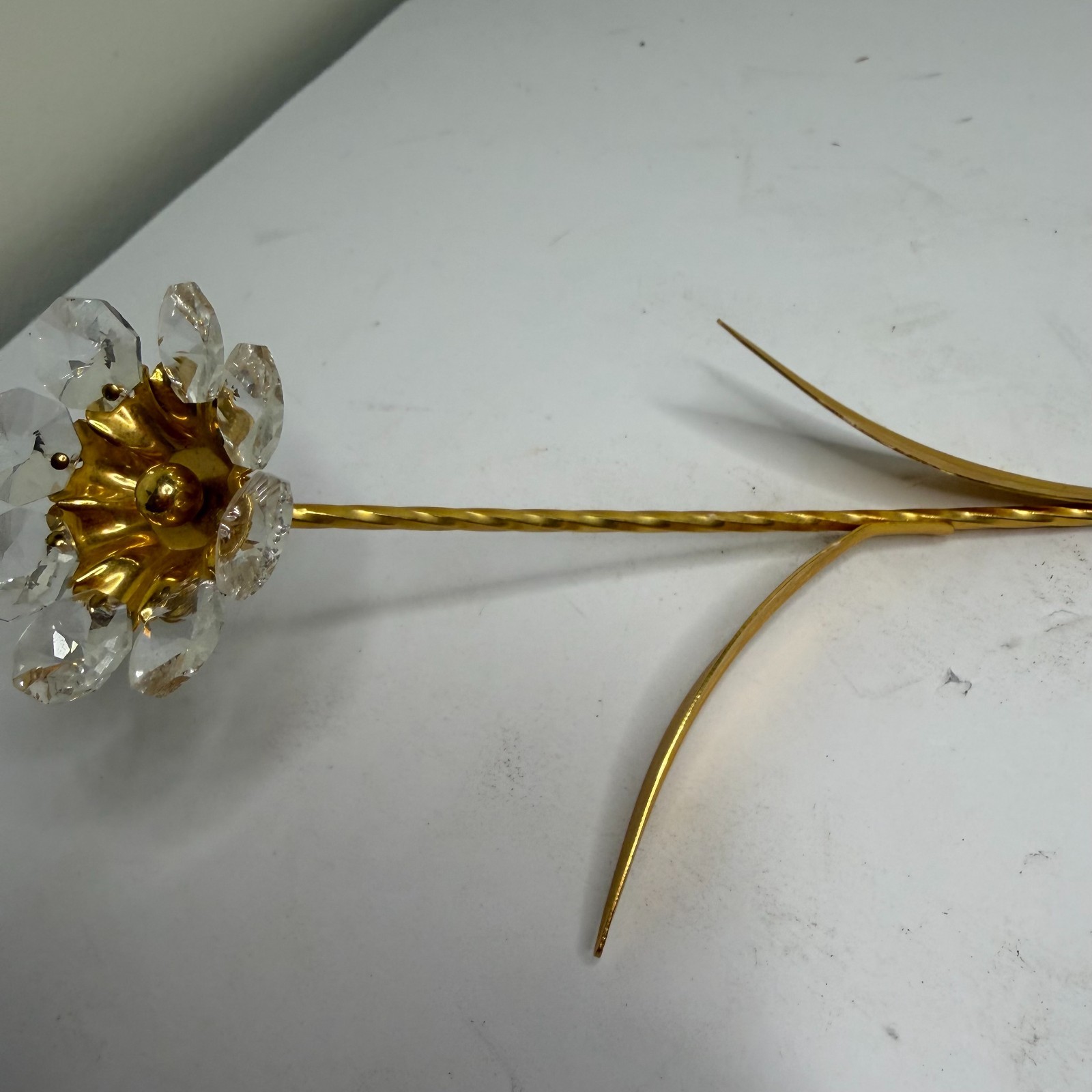 Vintage Crystal Beaded Flower Stem Gold Tone Metal Floral Decor Accent Piece