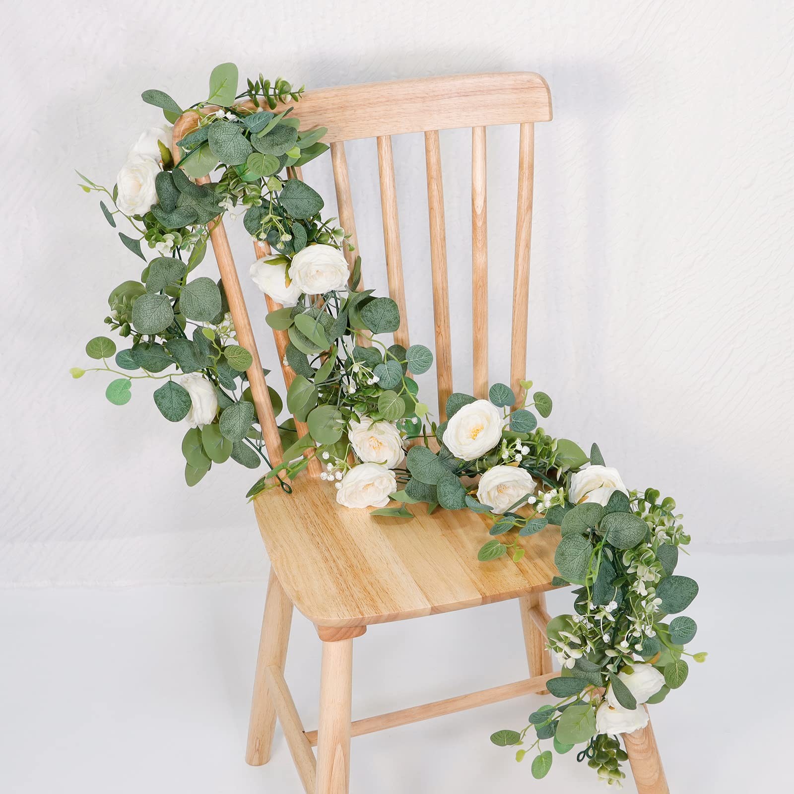 4 Pack Artificial Eucalyptus Flower Garland with White Roses, Fake Rose Flowe…
