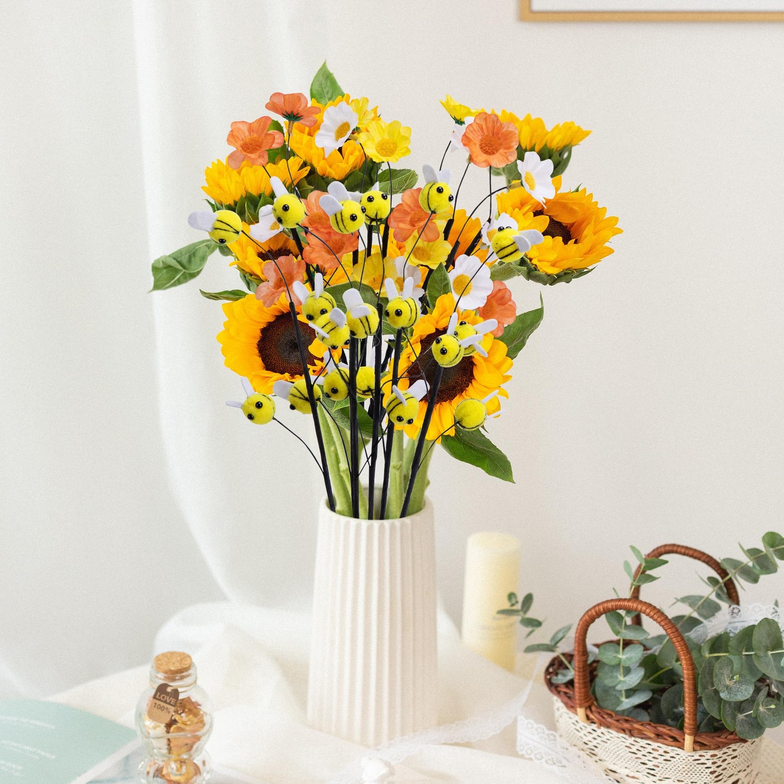 15 Pcs Felt Bee Stems Artificial Flower Picks Vase Fillers Party Decor