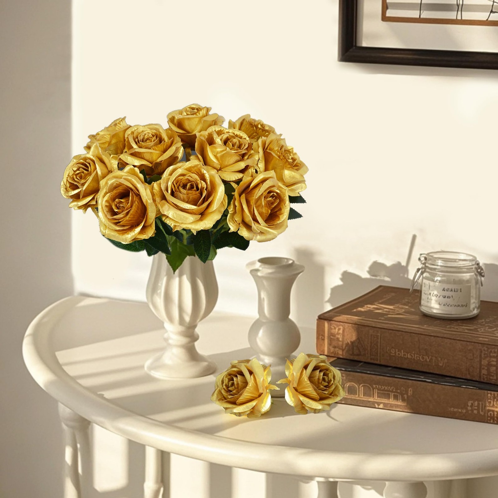 10 Pcs Gold Rose Artificial Flower, Faux Silk Flowers With Long Stems, Fake R…