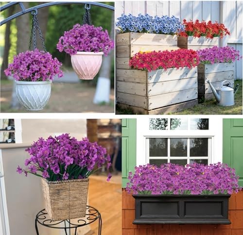 24 Bundles Artificial Flowers for Outdoors Decoration, UV Resistant Purple Silk