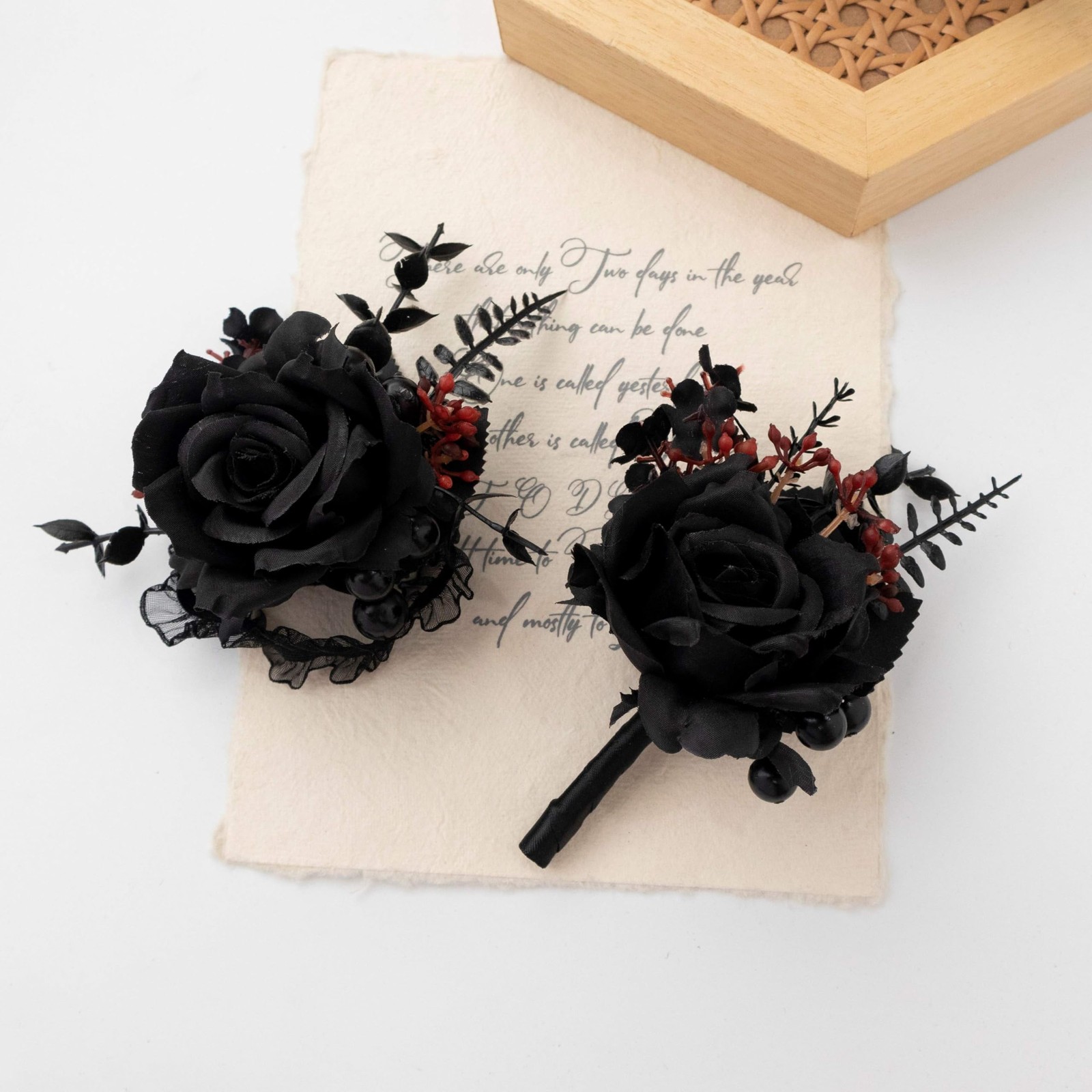 1 Set Black Corsage Wristlet Boutonniere Rose Prom Flower Wedding Party Decor