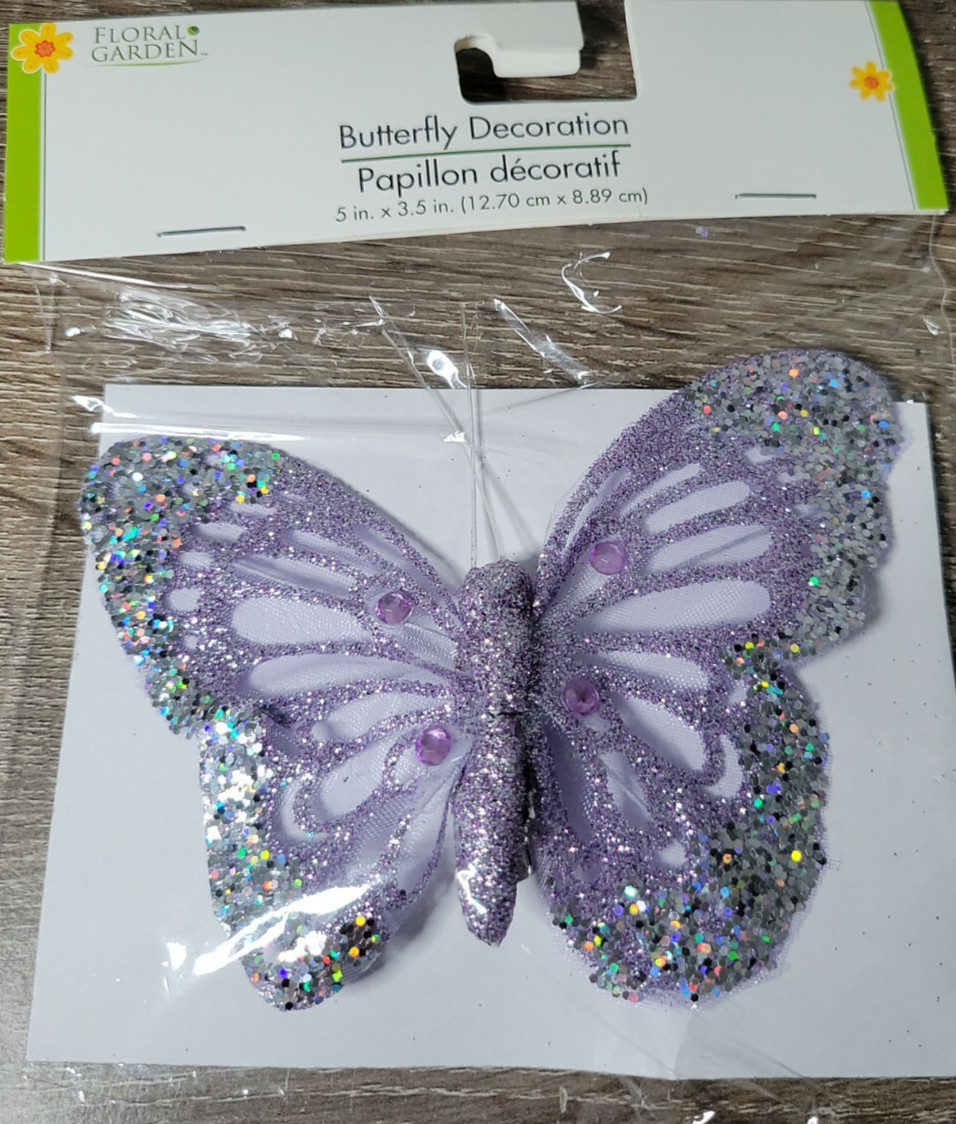 NEW! Floral Garden Sheer Rhinestone Glitter 5″x 3.5″ Purple Butterfly W/Clip