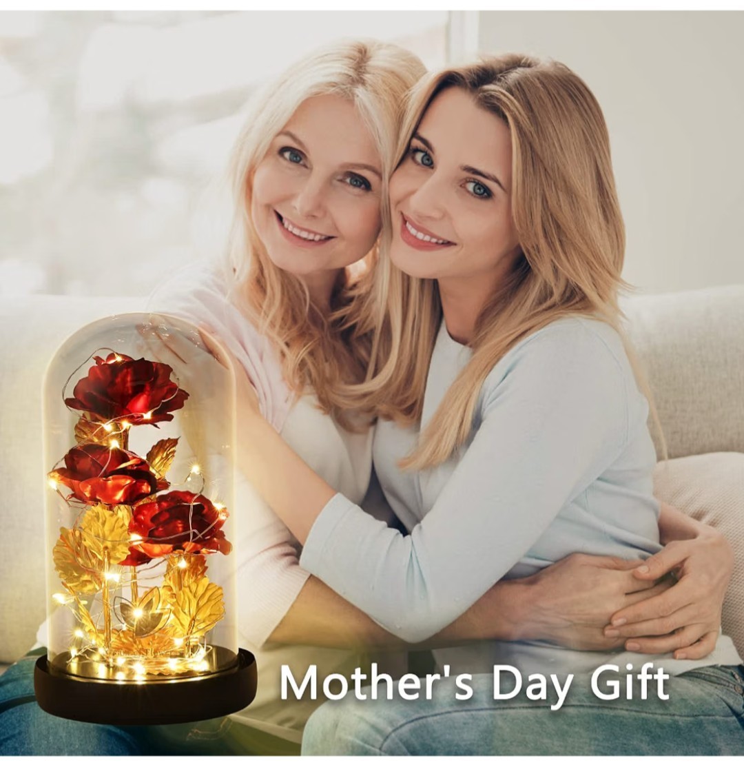 Dream Of Flowers Red Rose Gold Stem/Leaves in Glass Dome, 2 Lighting Modes. #dom