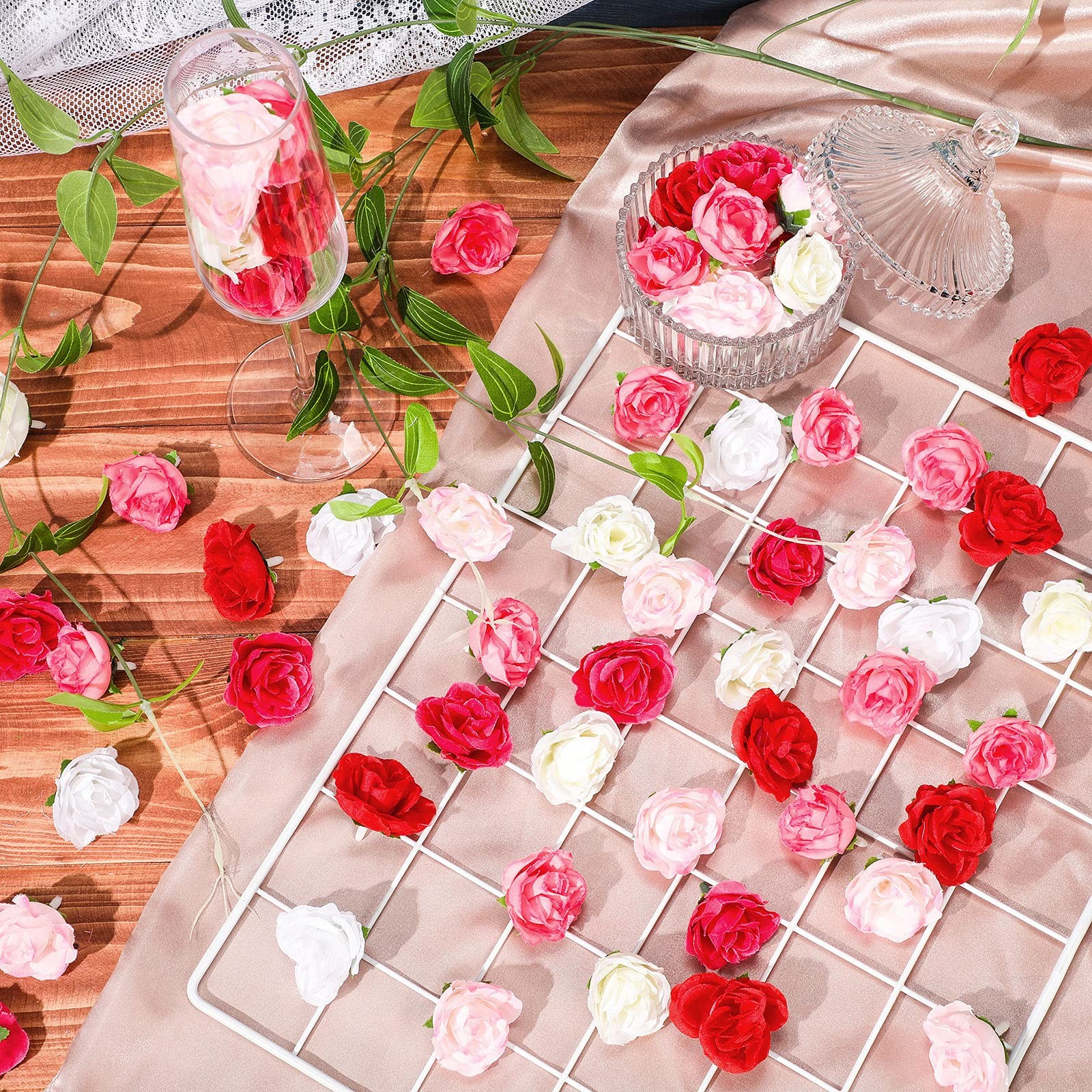 102 PCS 1.4 Inch Mini Fake Rose Flower Head Artificial Silk Craft Decor Mix