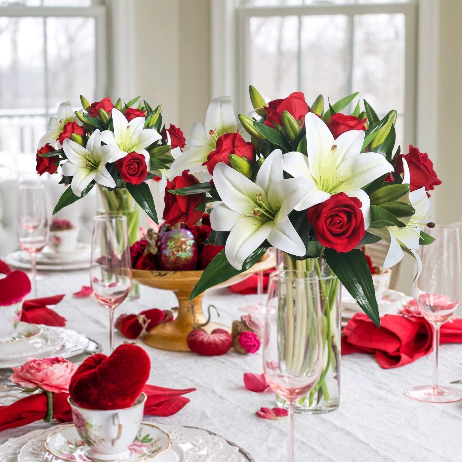 Artificial Flower Arrangement Lilies Velvet Roses Bouquet 22 Pcs Red White