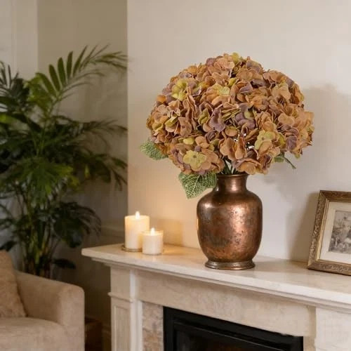 2 Bouquets Faux Hydrangea Flowers Vintage Artificial Silk Hydrangeas Coffee