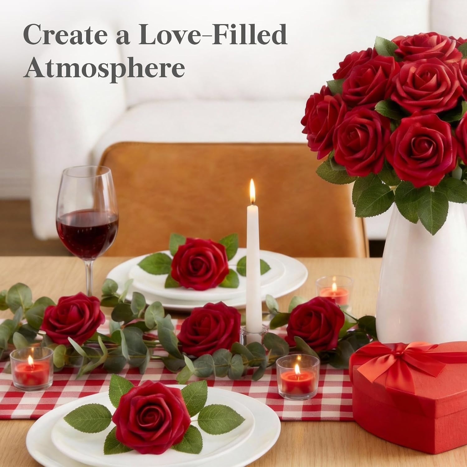 Artificial Flowers, 25 Pcs Dark Red Foam Real Looking Roses with Stems, Fake Ros