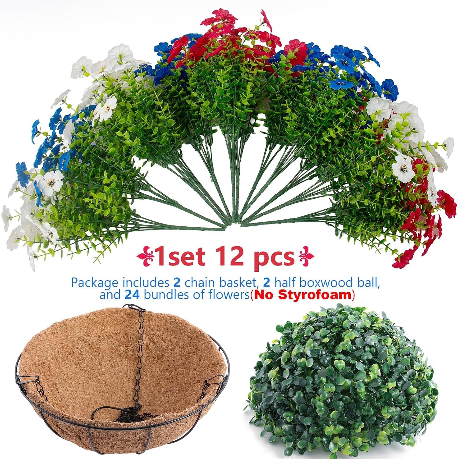 2-Pack Artificial Outdoor Flowers in Red, White, Blue