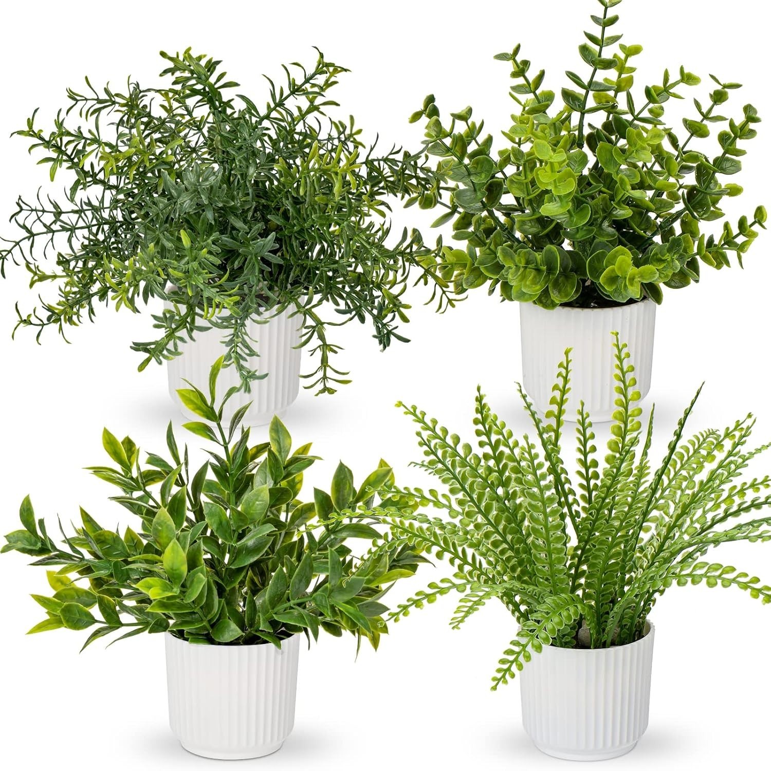 4 Pack Faux Plants: Eucalyptus, Rosemary & Fern for Elegant Indoor Decor