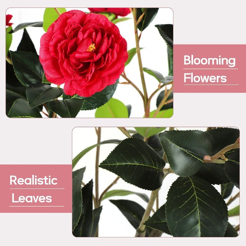 2PCS 4 FT Artificial Camellia Tree with Blooming Red Flowers for Indoor Outdoor