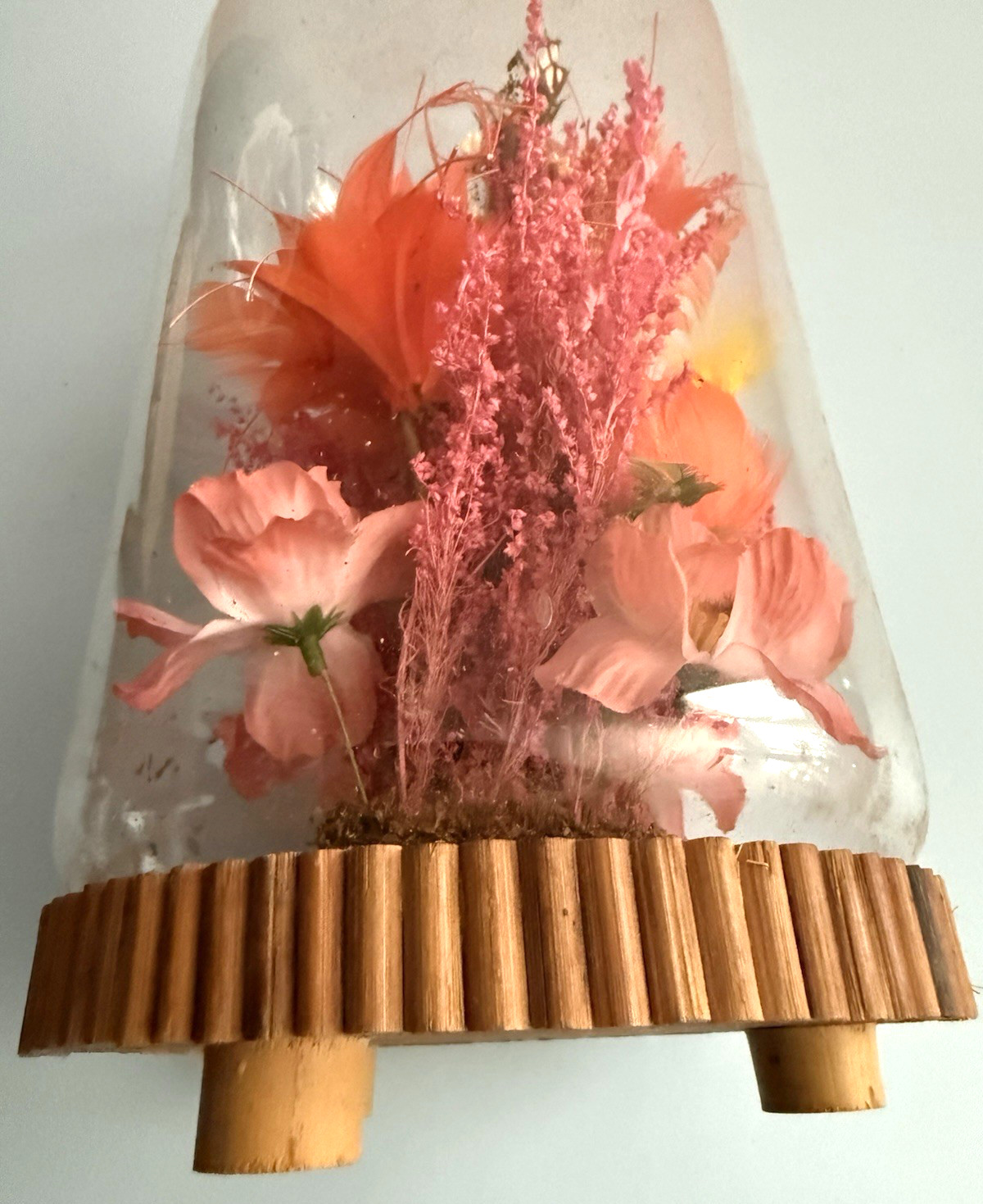 Vintage Plastic & Dried Flowers in Cloche by Allied Enterprises Inc. Bamboo Base