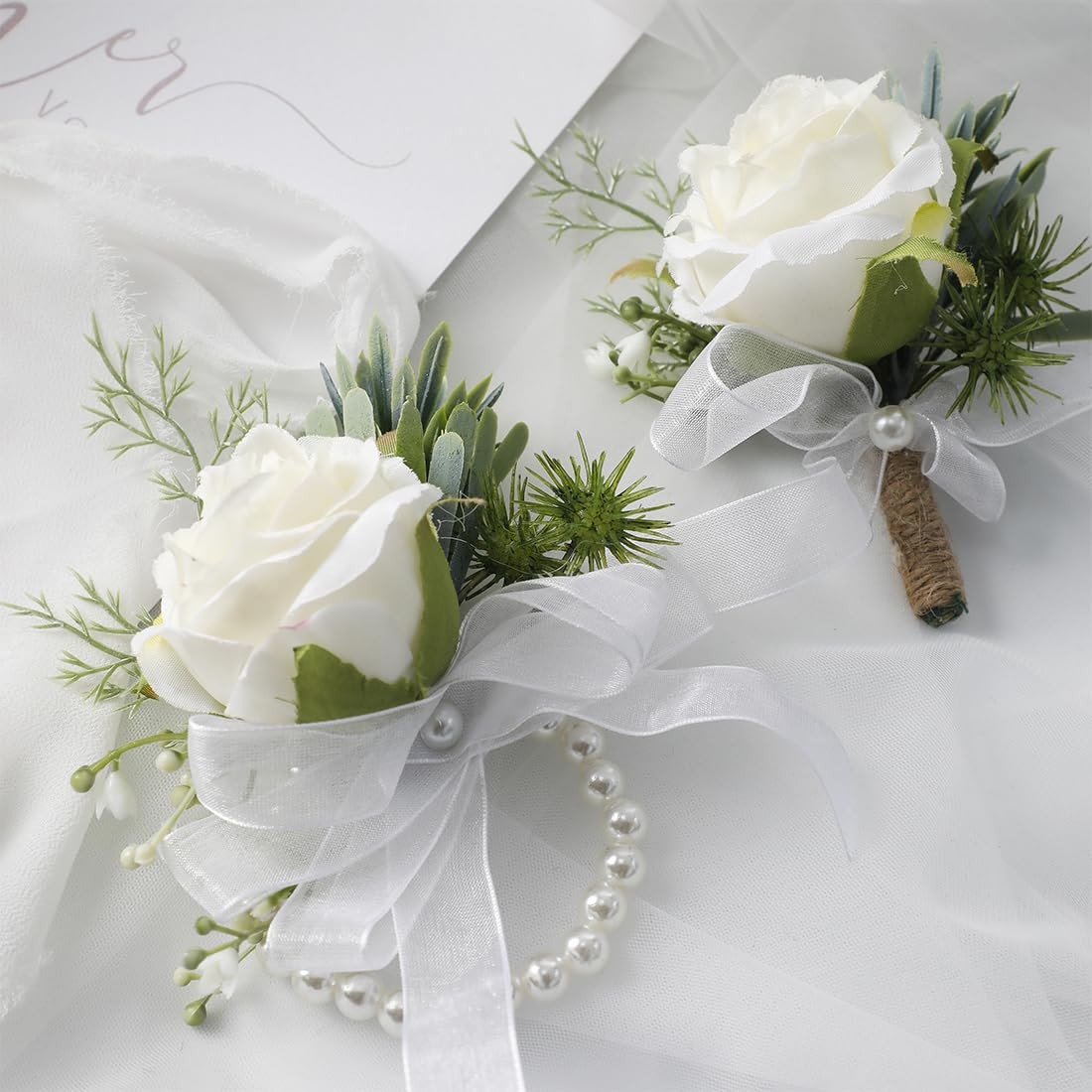 Ivory Rose Wrist Corsage and Boutonniere Set for Weddings and Proms