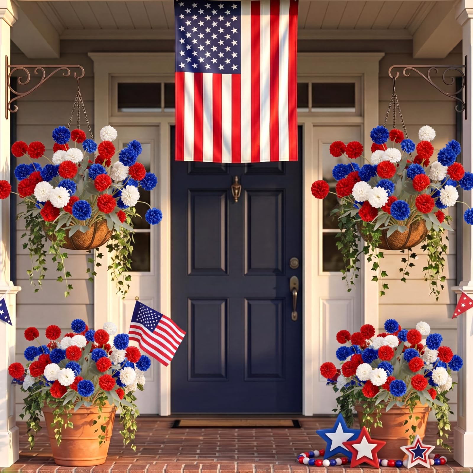 24 Bundles 4th of July Red Blue White Artificial Flowers for Outdoor Patrioti…