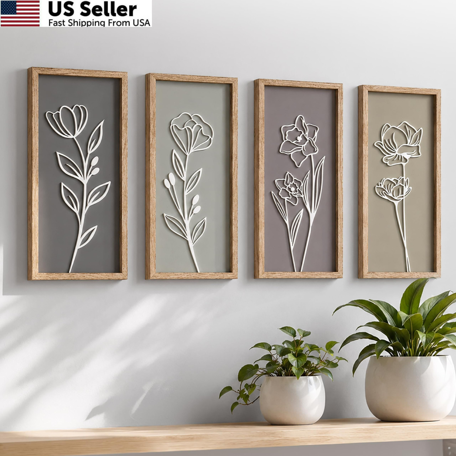 3D Wooden Floral Bathroom Wall Decor (Set of 4) 7″ x 16″, Naturals